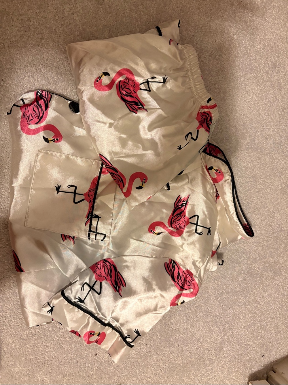Silky Flamingo Print Cream Lounge Shorts
